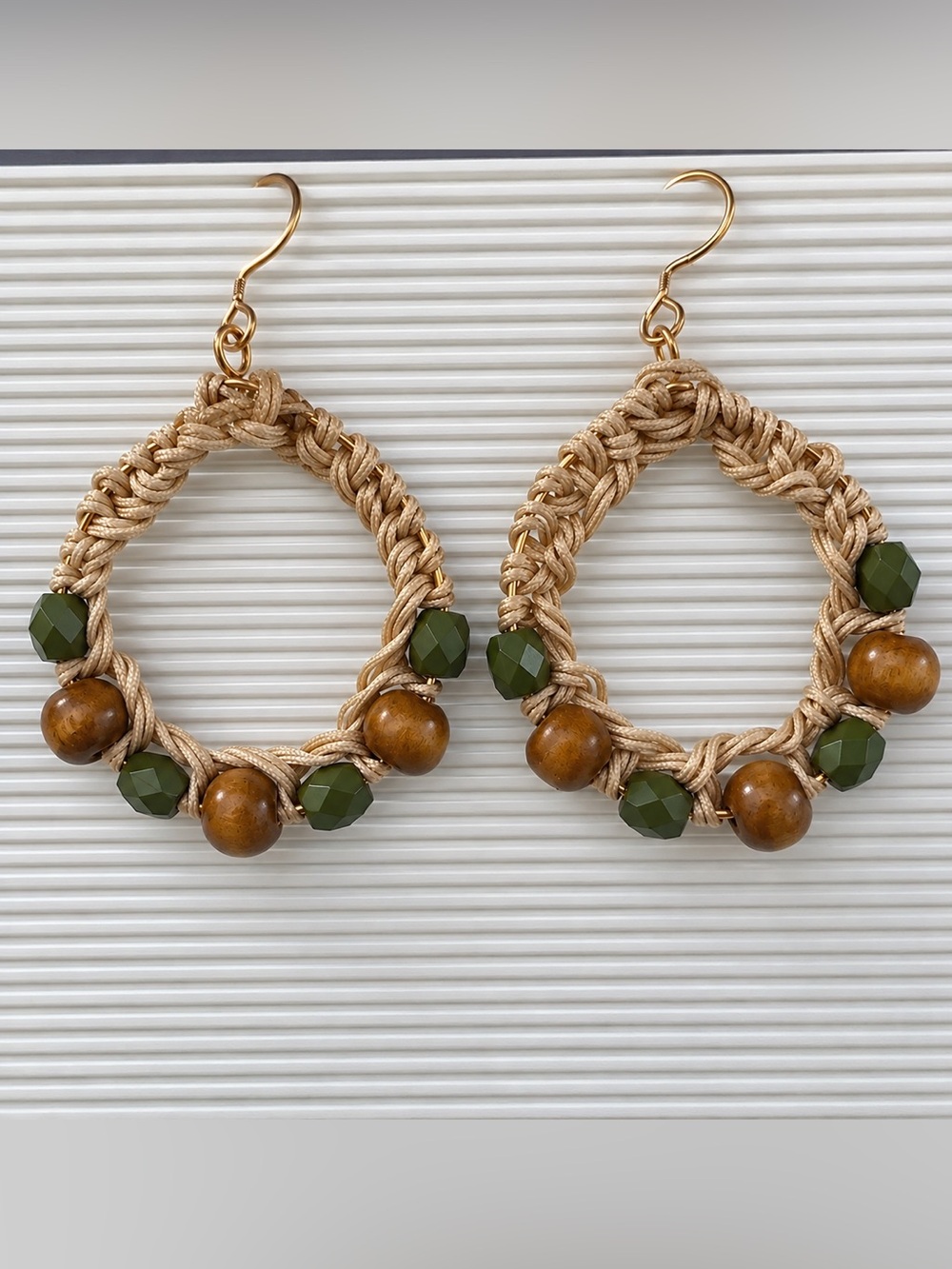 Boho Olive Green & Wood Bead Hoop Earrings